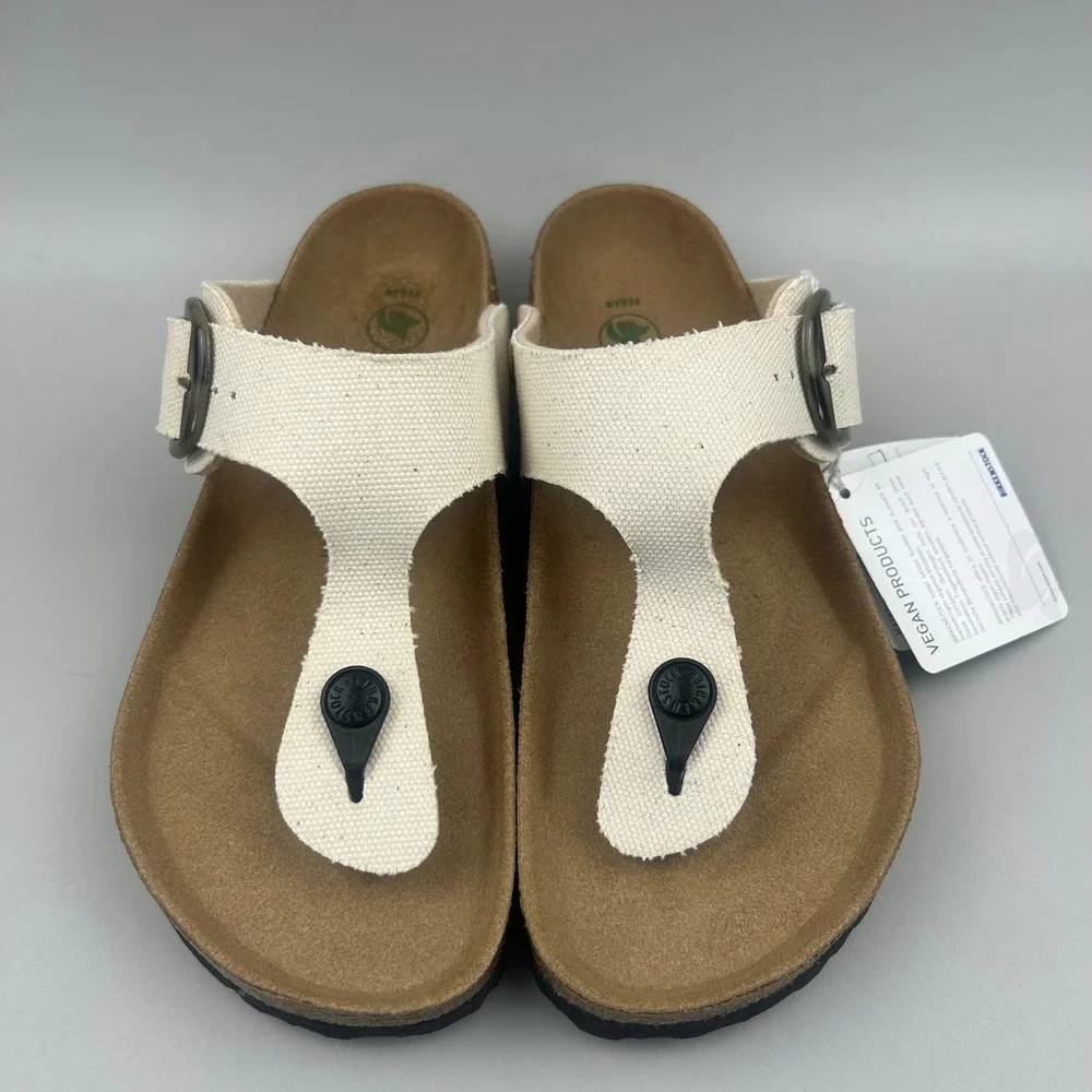 Birkenstock Gizeh Women Size 7 Off White Vegan Canvas Thong Buckle Sandals NEW - Picture 3 of 6